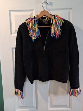 Berek Y2k Black Fuzzy Zip Up Jacket with Multicolor Fringe Trim VINTAGE